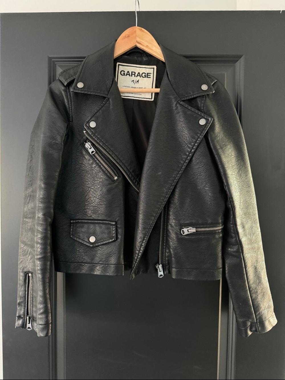 Garage Black Faux Leather Moto Jacket with Silver Hardware